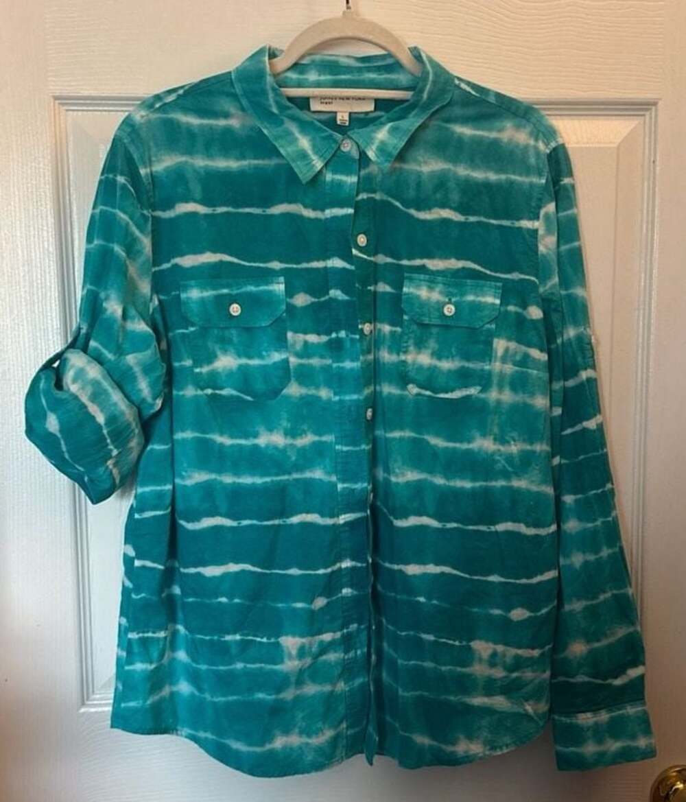 Jones New York Sport Teal Tie-Dye Roll-Tab Sleeve Button Down Shirt Size L